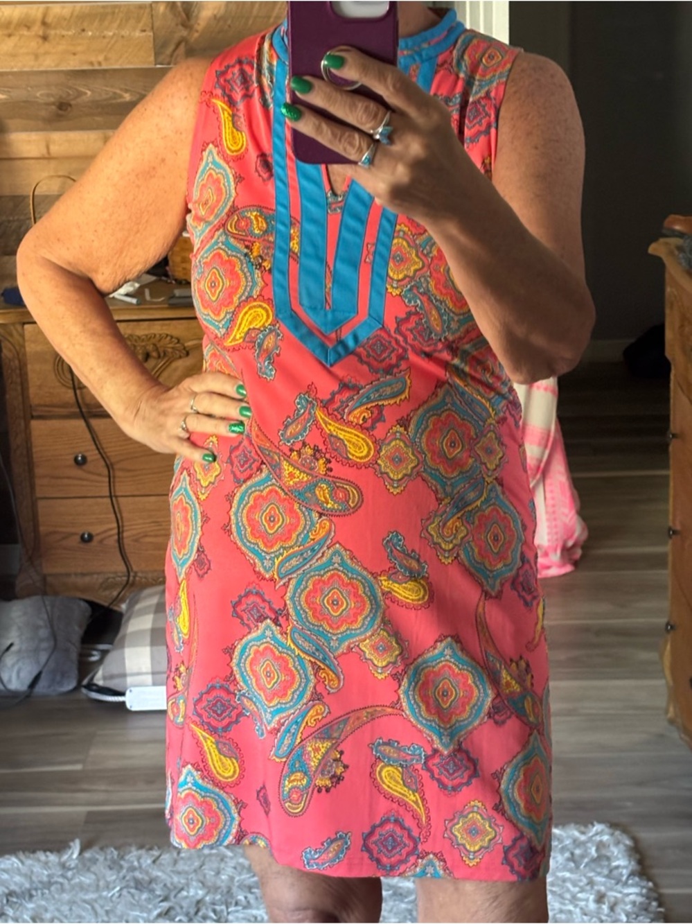 Tracy Negoshian Coral Paisley Dress with Teal Trim Size small